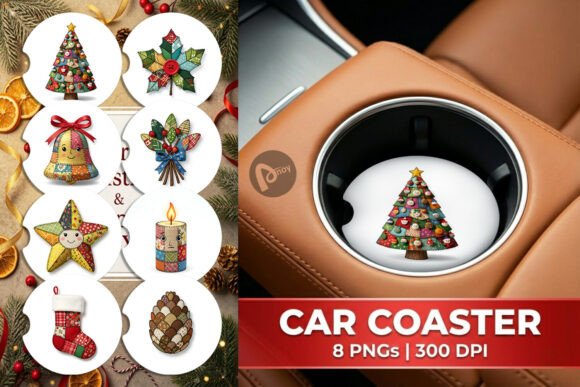 Christmas Patchwork Folk Art Car Coaster Illustrations
