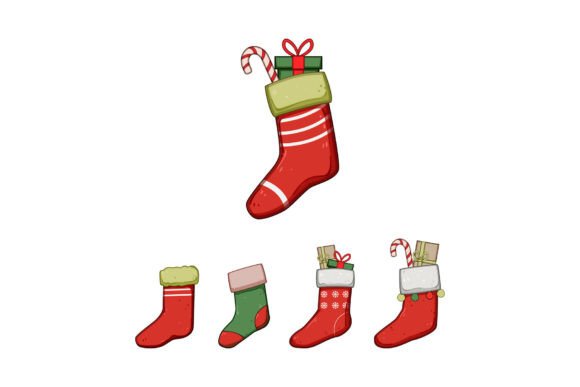 Christmas Stockings Hanging with Gifts Illustrations